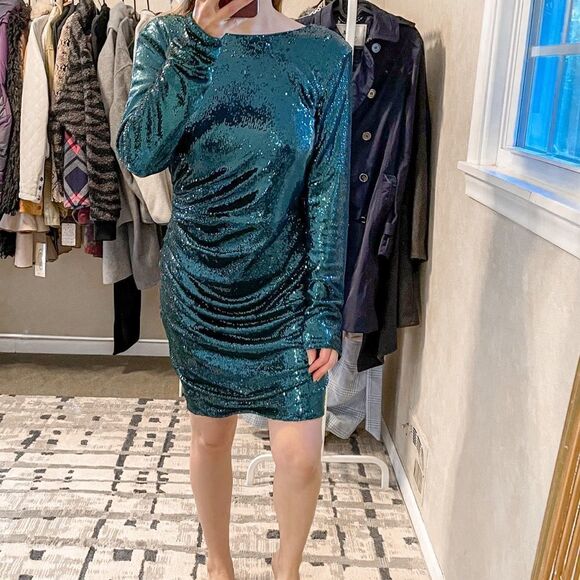 Dress The Population Lolita Mini Dress Sequin Deep Emerald L - Picture 6 of 13